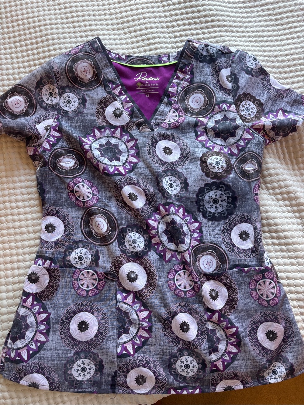 Purple and Gray Medallion V-Neck XS Scrub Top